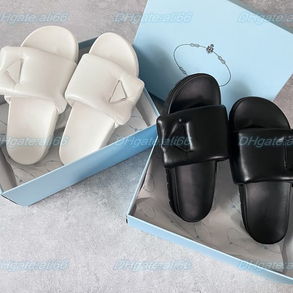 

fashion slipper designer slide women shoes luxury summer leisure man soft padded nappa leather metal triangle lug tread rubber sole sandal, Black