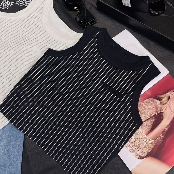 

summer rhinestones slim knit tank vest women crop sleeveless o-neck pullover knitwear streetwear stylish chic vests, White