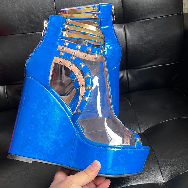 

olomm handmade women platform sandals studded wedges heels peep toe beautiful black gold night club shoes us plus size 5-20