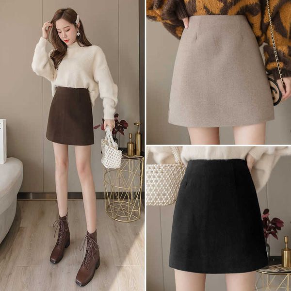 

skirts autumn and winter women's high waist pure color thick a- line one-step short skirt woman skirts faldas jupe p230403, Black