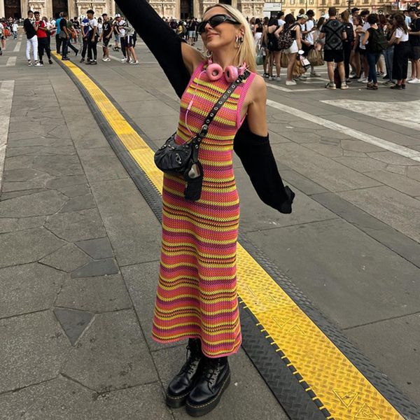 

casual dresses y2k knitted striped bodycon maxi 90s vintage chic women hollow out sleeveless long streetwear beach holiday clothes 230403, Black;gray