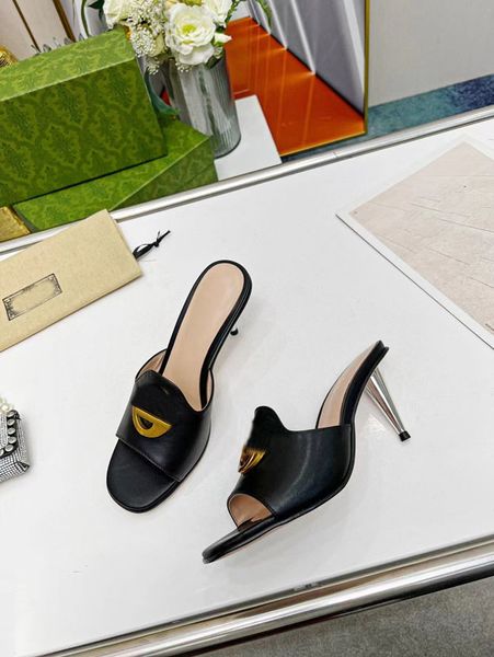 

metal slim heel slippers women's summer vacation ball leather sandals thick heel sizes 35-43, Black