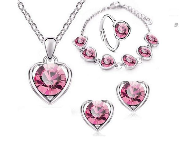 

wholesale heart-shaped necklace ear studs bracelet ring 4pcs sets inlaid rhinestone crystal twinkle decorate adjeustable length valentine&#0, Silver