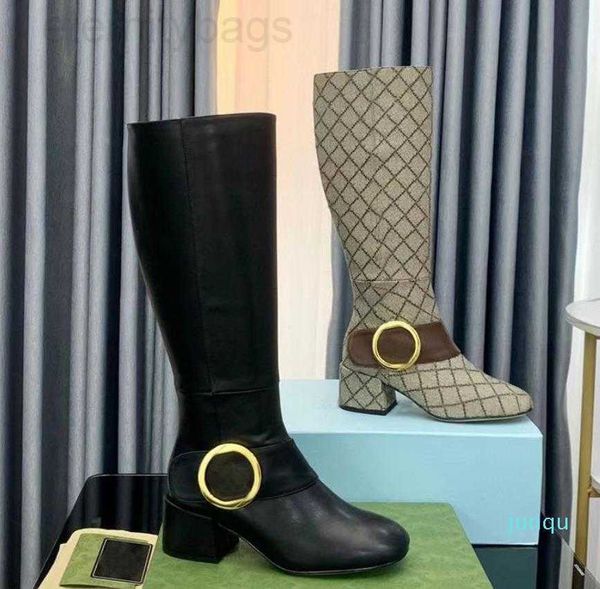 

autumn winter boots coarse heel women shoes real leather zipper letter metal belt buckle high boot arabic designer shoe lady heels size 35-4, Black
