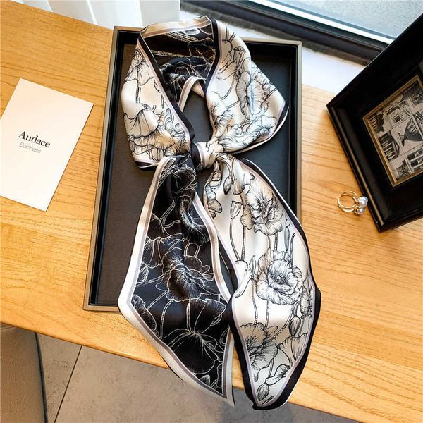 

sarongs 2022 brand design satin silk skinny scarf for women luxury hair bands neck tie handle wrap office lady headband accessories p230323, Blue;gray