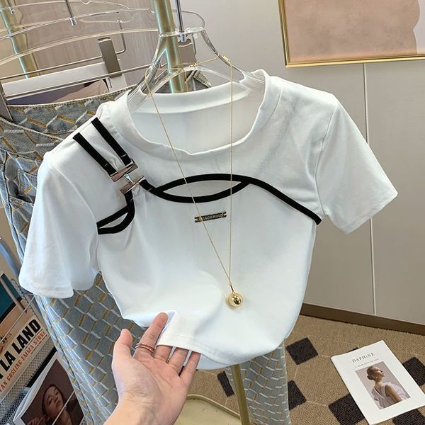 

women's t-shirt white openwork short sleeve t-shirt women's summer high waist niche unique special short large size ins y2k 230403