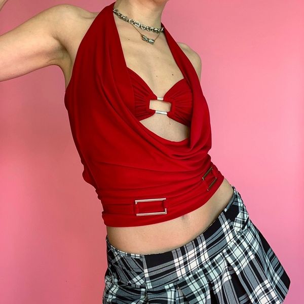 

camisoles tanks chest wrap halter crop summer sleeveless backless red tank women club party streetwear mini vest y2k clothes 230403, Black;white