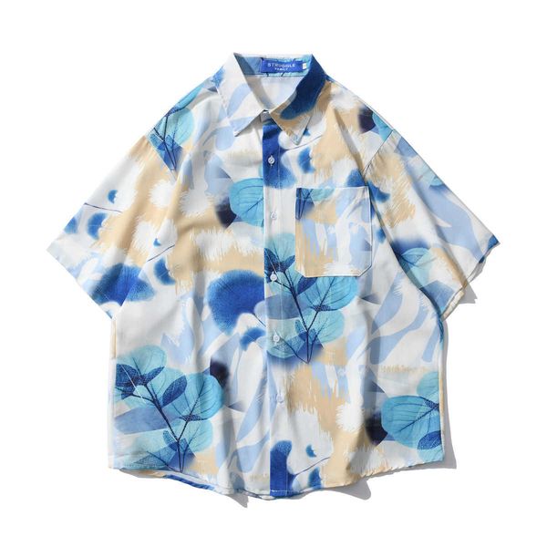 

summer graffiti flower aop short sleeve shirt men's and women's fashion street loose blouse couple holiday leisure blouse shirt, Black;white