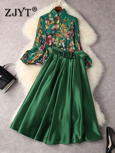 

two piece dress zjyt designer fashion lantern sleeve print chiffon blouse and high waist skirt set womens green outfit 2piece dress suits sp, White