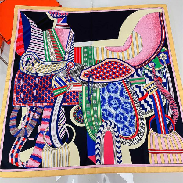 

sarongs saddle print twill silk scarf women 90cm square scarves wraps shawl luxury brand hijabs bandana handmade curled silk head scarf p230, Blue;gray