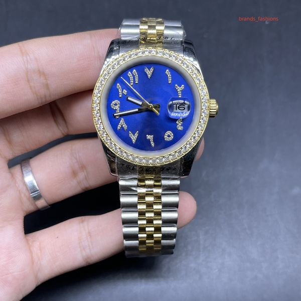 

men's boutique watch bi-gold stainless steel diamond watch blue dial with arabic diamond scale fashionable popular men's and women, Slivery;brown