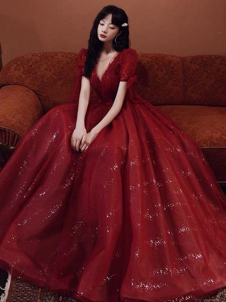 

burgundy bridesmaid dresses v-neck a line puff sleeve tulle sequin gown 2023 beads prom party for bridal toast clothing, White;pink