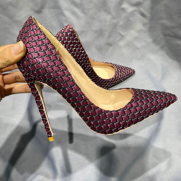 

mesh pattern women pumps shoes pointed toe wine red high heel shoes burgundy slip on stiletto for party gingham shape high heels females fas, Black