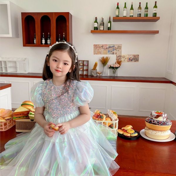 

girl's dresses children princess dress girls sequin puff sleeve tutu dress child girl fashion birthday party gown kids mesh dress summe, Red;yellow