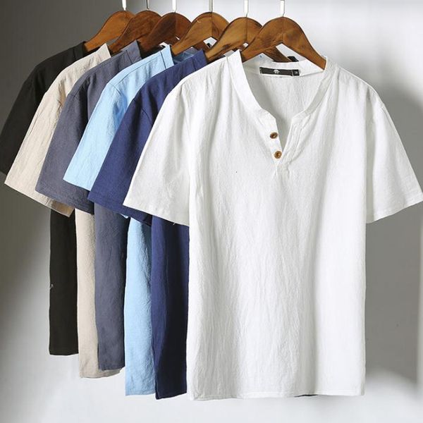 

men's t-shirts linen men's summer short sleeve t-shirt plus size casual loose plain v-neck neckline breathable harajuku t-shirt 23, White;black