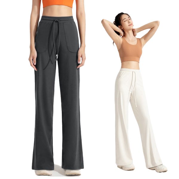 

Lu Yoga Pocket Straight Length Women's High Waist Loose Slim Fiess Pants Wide Leg Casual Drawstring Home Suit CK034, Grey