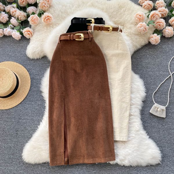 

skirts corduroy skirts vintage high waist belt jupe a-line mujer faldas long 3 color split skirts casual women's direct 230403, Black