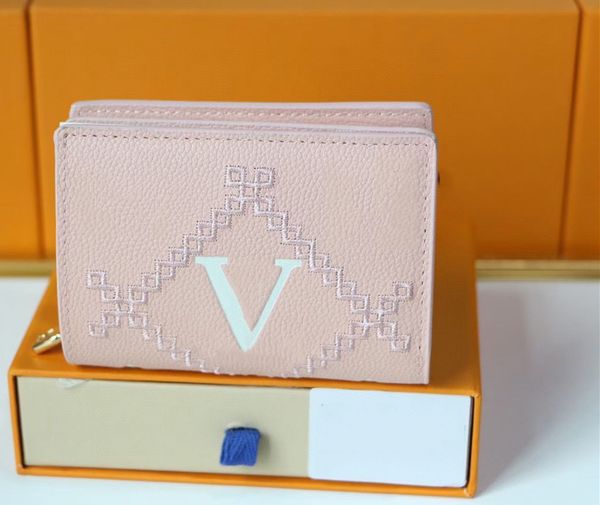 

2023 Fashion Designer Zipper Wallet Men Women Luxury Leather Bag High Quality Classic Credit Card Wallet Solid Color Short Mini Wallets, Pink-no box