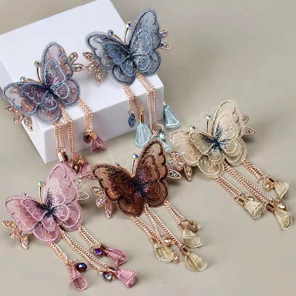 

fashion hairpin embroidery butterfly tassel hair clip crab retro crystal plate hairpin women girl elegant headdress, Golden;silver