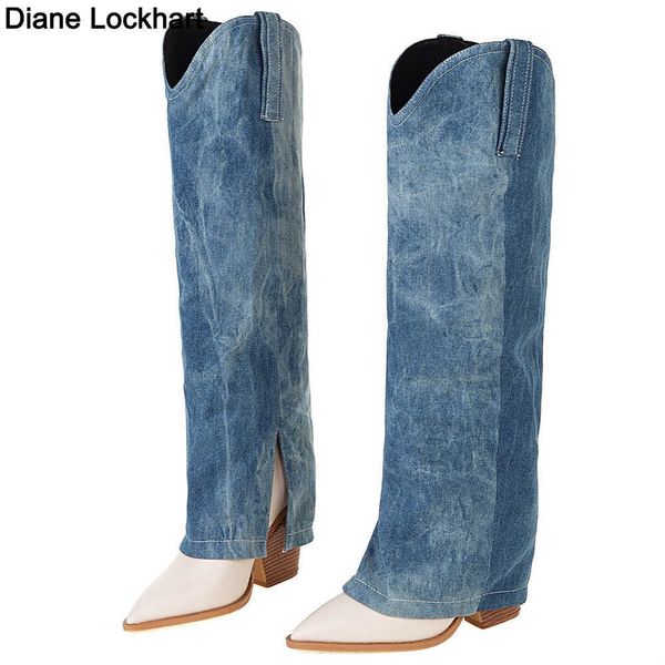 

designer chunky heel pointed toe boots women long knee high boots fold denim boottes shoes female western cowboy boots 2022 230403, Black