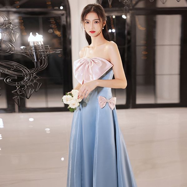 

pink blue bridesmaid dresses sweet a line satin boat neck bow strapless pleat wedding woman elegant celebrity performance prom gowns 2023, White;pink