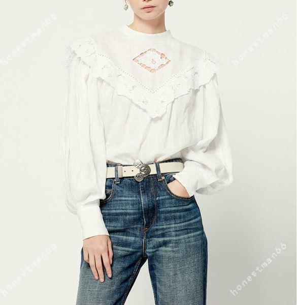 

isabel marant women designer fashion classic shirts new is lace collar cut out embroidery loose ladies lantern long sleeve shirt, White
