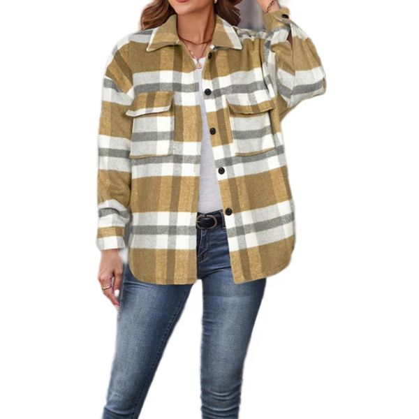 

spring 2023 women's jacket european and american casual style long sleeve lapels loose plaid coat, Black;brown