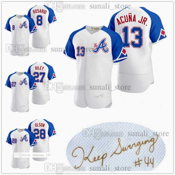 

sew city connect baseball jerseys 13 ronald acuna jr 28 matt olson 27 austin riley 1 ozzie albies 8 eddie rosario 12 sean murphy 54 max frie, Blue;black