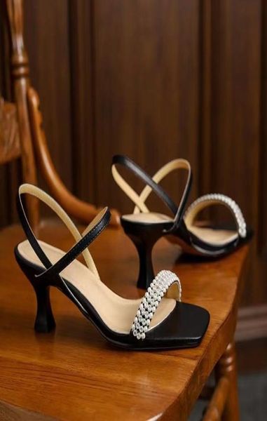 

stylishbox t210402302 45cm height sandals blackcream calf skin genuine leather kitten heel pearl rhinestone4255711, Black