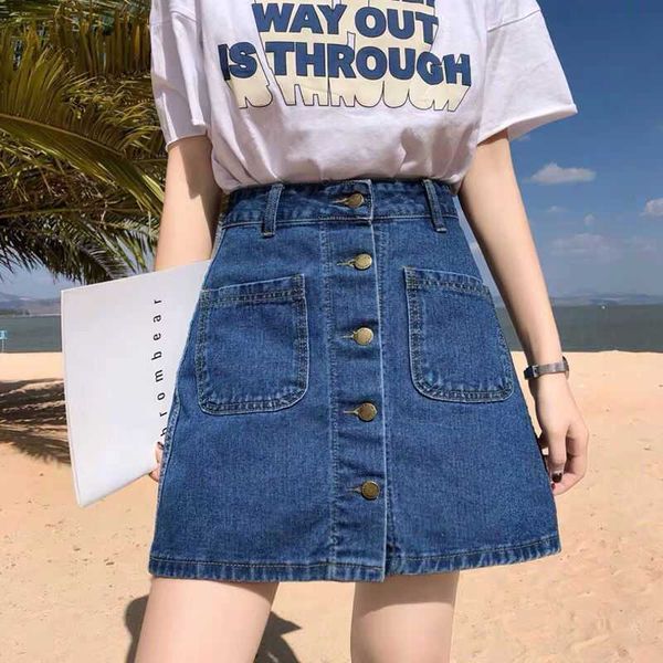 

skirts summer classic womens ladies a-line y2k jeans short denim skirt metal button high waist harajuku mini micro skirts p230403, Black