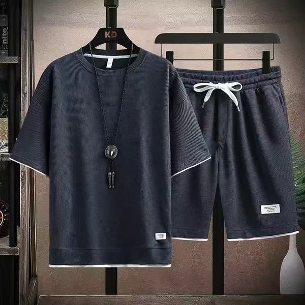 

men's tracksuits waffles pattern 2pc men's shorts set summer track and field wear men's fashion apparel harajuku style japane, Gray