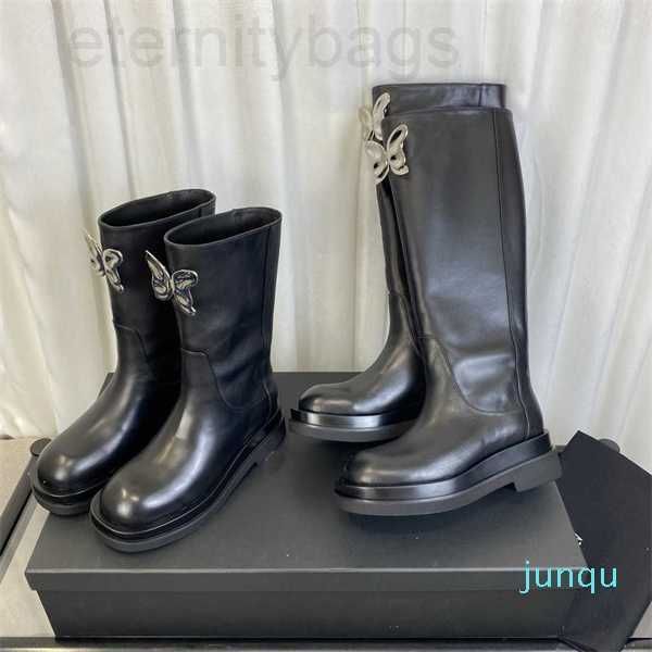

boots boots middle women's new butterfly button thin leather thick soled high boots round head in the ccity, Black