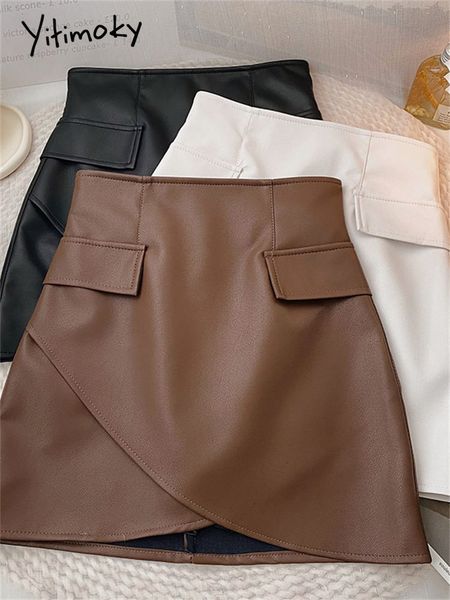 

skirts yitimoky cross leather women's elegant office women's high waist fashion mini pu leather casual lining 230403, Black