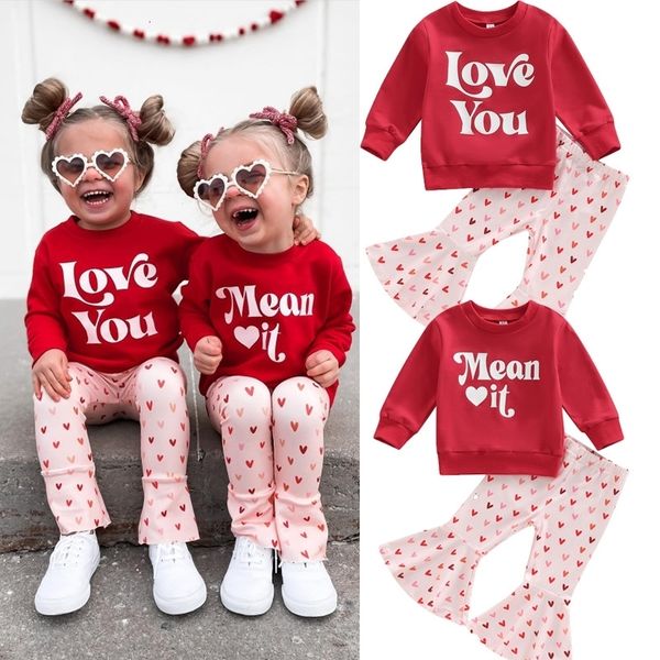

clothing sets valentines days kids girls 2pcs clothes letter pullover sweatshirtheart printed flare pants valentine for 230331, White