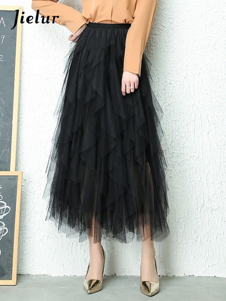 

skirts jielur fashion tutu tulle skirt women's long maxi skirt spring/summer korea black pink high waist pleated skirt women's 230