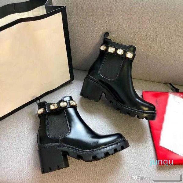 

short boots 2022-martin cowhide buckle metal women shoes classic thick heels leather designer high heeled fashion diamond lady boot ggity, Black