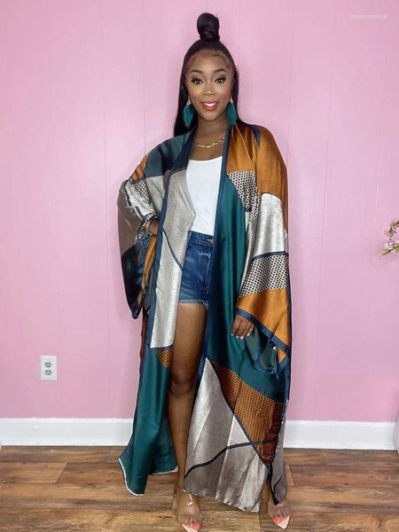 

fashion print satin long sleeve kimono for women beach cover ups ladies loose blouse vacation oversized cardigan shirts, White