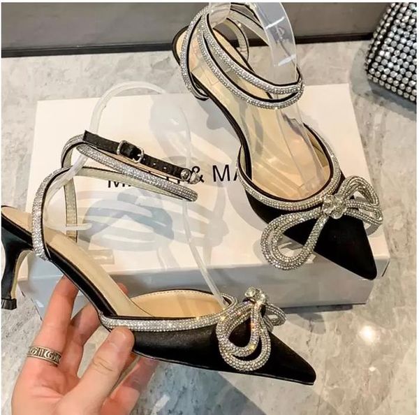 

2023mach dress shoes for womens designers satin bow pumps crystal embellished rhinestone evening women shoe stiletto heel sandals high heele, Black