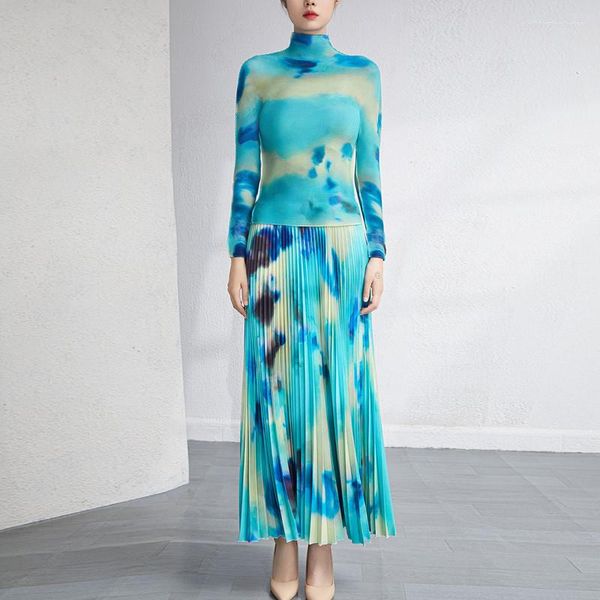 

fancy woman work dresses sets womens 2 piece stretch miyake pleated fashion turtleneck long sleeved elastic waist skirt suits for female, White;black