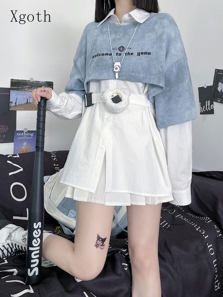 

two piece dress ss japanese tie-dye short sweatshirt niche design loose long white shirt early autumn a girl two-piece set cool streetwear 2