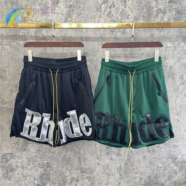 

men's shorts high street oversize rhude mesh summer breathable leather big patch rhude breeches green red gray black, White;black