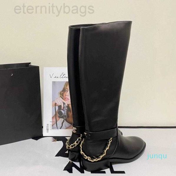

boots womem's designer black leather fashion boots with black chain thick zip knee boots ccity