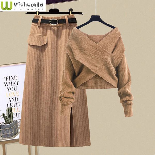 

two piece dress korean fashion spring and autumn aging cross knit sweater thin skirt two-piece elegant women's skirt set 230403, White