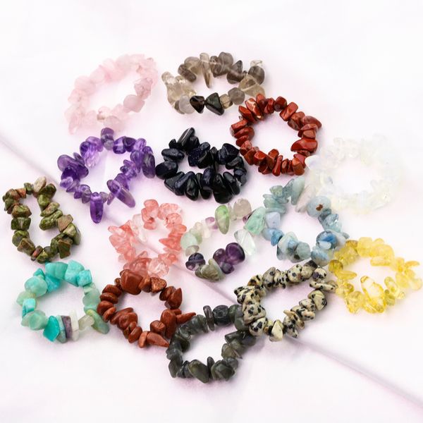 

24pcs elastic natural gem stone rings irregular crystal stretch chip beads nuggets ring quartz wristband for women, Golden;silver