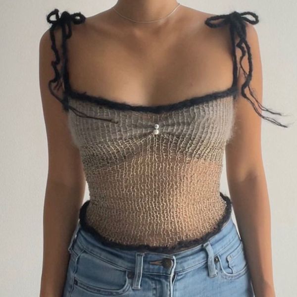 

women s tanks camis kawaii girl knitted tie up strap crop hollow out backless camisole chic women vintage mini vest y2k retro streetwear 230, White