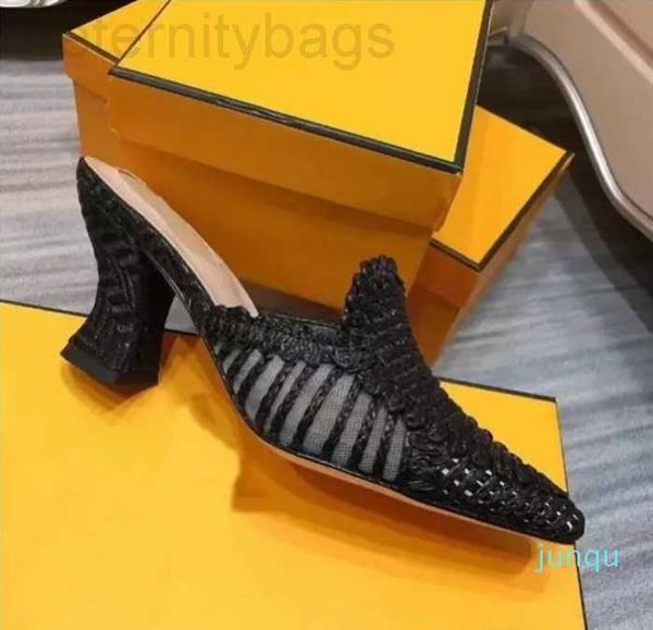 

ff fend shoes 2022womens women high-heeled slippers grass weaving designer sandals the noble temperament size 35-41 fashion ccity, Black