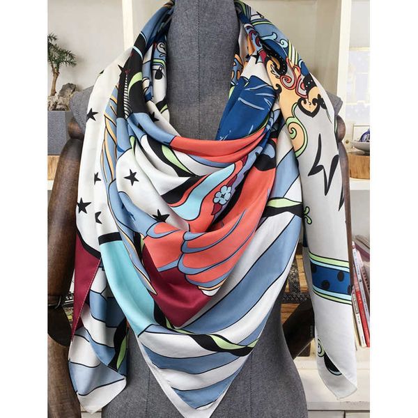 

sarongs 130*130cm luxury brand printed cartoon square scarf twill silk scarf kerchief scarves for ladies women fashion shawls echarpe p23032, Blue;gray