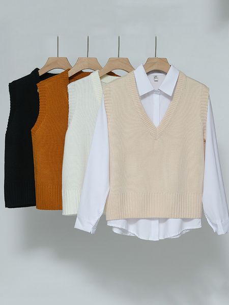 

women's vests women sweater vest spring autumn women short loose knitted sweater sleeveless ladies v-neck pullover female outerwear 23, Black;white