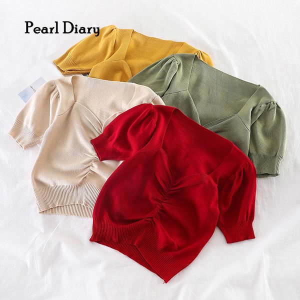 

women s t shirt pearl diary women knitted short sleeve shirts ruched front v neck casual crop solid color knitting fashion 230403, White