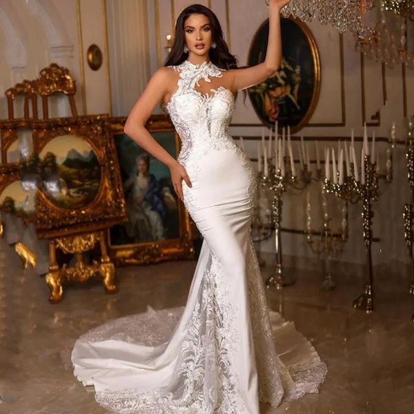 

2023 sleeveless mermaid wedding dresses lace appliques high neck dubai elegant bridal gowns ivory color summer beach vestido de novia, White